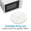 A white microwave oven and a glass turntable are shown against a white background. Text below the turntable describes its size and compatibility. Produktbild-Vorschau