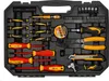 A black toolbox filled with various electrical tools. Produktbild-Vorschau