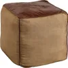 A cube-shaped pouf with a brown leather top and tan fabric sides, shown in isolation. Produktbild-Vorschau