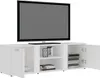 A white TV stand with a television on top, against a white background. Produktbild-Vorschau