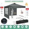 Diagram showing the dimensions and features of a gray canopy tent. Produktbild-Vorschau