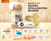 A projector is displayed in front of a stylized cityscape and building interior, with various feature icons and text surrounding it. Produktbild-Vorschau