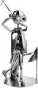A metallic figurine of a golfer in mid-swing, with a golf flag in the background, presented on a white background. Produktbild-Vorschau