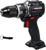 A black and gray cordless drill with a red trigger and accents, shown on a white background. A black keychain with a logo is placed to the left of the drill. Podgląd zdjęcia produktu