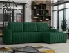 A modern living room with a green sectional sofa, shelves on the wall, and a large window. Náhľad obrázku produktu