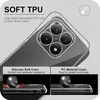 A close-up of a transparent phone case showing the camera module, with marketing text and comparison images below. Produktbild-Vorschau