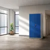 A blue metal cabinet in a modern, brightly lit room with large windows and a plant. Voir les images du produit