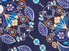 A close-up view of a dark blue fabric with a repeating floral and leaf pattern in orange, white, and light blue. Náhled obrázku produktu