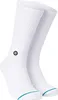 A pair of white crew socks with a small black logo on the ankle and a thin teal stripe around the cuff. Produktbild-Vorschau