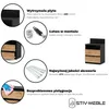 A collage of images and text describing a nightstand's features, including its material, assembly, accessories, and care. Podgląd zdjęcia produktu