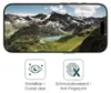 A smartphone screen displaying a mountain landscape, with icons and text below indicating product features. Produktbild-Vorschau