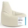 A cream-colored beanbag chair is shown against a white background, with a review badge on the lower right. Produktbild-Vorschau