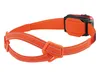 A close-up side view of an orange headlamp strap with a black and red headlamp unit attached. Produktbild-Vorschau
