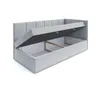 A light gray upholstered bed frame with the storage lid open, revealing the storage compartment inside. The bed is shown against a white background. Produktbild-Vorschau