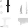 A collection of kitchen appliance attachments, including a meat grinder attachment, a food strainer, and various discs and a pusher. Produktbild-Vorschau