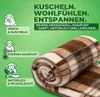 A rolled-up plaid blanket is shown against a green background with text and icons describing its features. Produktbild-Vorschau