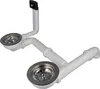 A white double sink drain assembly with two stainless steel strainers is shown against a white background. Produktbild-Vorschau