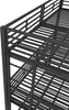 A close-up view of a black metal bunk bed frame, showing the slatted mattress support and railing. Podgląd zdjęcia produktu