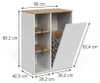 A product shot of a white and wood bathroom cabinet with dimensions indicated. Náhled obrázku produktu