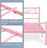 Close-up views of a pink metal bed frame assembly, with text instructions. Produktbild-Vorschau