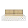 A white and wood-colored bed frame with built-in shelving at the headboard, shown from the front on a white background. Anteprima dell’immagine prodotto
