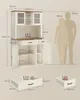 A collage of images showing a tall, white and brown sideboard with dimensions and weight capacities displayed. It includes a full view of the sideboard and close-ups of its drawers. Náhled obrázku produktu