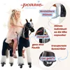 A young girl is riding a toy horse with wheels, and various features of the toy are highlighted with text and close-up images. Anteprima dell’immagine prodotto