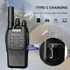 A walkie-talkie is shown being charged via a USB-C cable, with a tent and trees in the background. Produktbild-Vorschau