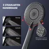 A close-up of a black hand shower head with water spray patterns and German text describing features. Anteprima dell’immagine prodotto
