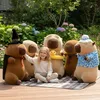 A young girl is sitting on a picnic blanket surrounded by several large capybara plush toys in an outdoor garden setting. Anteprima dell’immagine prodotto
