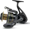 A black fishing reel with gold accents, shown against a white background. Produktbild-Vorschau