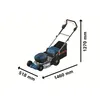 A Bosch cordless lawnmower with dimensions indicated. Voir les images du produit