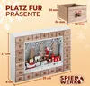 A wooden advent calendar with a Christmas scene inside, featuring dimensions and text overlays. Podgląd zdjęcia produktu