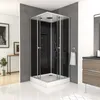 A modern bathroom with a black glass shower cabin. Produktbild-Vorschau