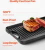 A close-up shot of a cast iron grill pan with two steaks cooking on it, with text overlays highlighting product features. Anteprima dell’immagine prodotto