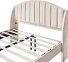 Close-up view of a beige upholstered bed frame with a slatted base. Produktbild-Vorschau