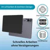 A tablet is shown with marketing text and icons highlighting its features. Produktbild-Vorschau