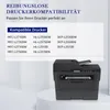 A black printer is shown on a white and light gray background, with a list of compatible printers and German text about printer compatibility. Produktbild-Vorschau