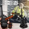 A construction worker in a hard hat and high-visibility vest is shown in the background, with two walkie-talkies in the foreground. One walkie-talkie is being held by a hand, and the other is in a charging dock. Text overlays indicate features like 'REMOTE Produktbild-Vorschau