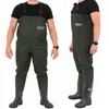 Two views of a man wearing green waders and a black t-shirt, presented on a white background. Produktbild-Vorschau