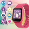 A pink smartwatch is displayed with various app icons arranged around it on a pastel-colored background. Produktbild-Vorschau