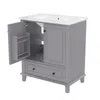 A gray bathroom vanity with a white sink top, shown from a three-quarter angle with one door open. Podgląd zdjęcia produktu