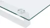 A close-up view of a white monitor stand with a glass top and a silver metal fastener. Náhled obrázku produktu
