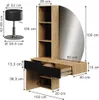 A vanity table with a mirror and stool, with dimensions indicated. Voir les images du produit