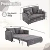 Collage showing a gray sofa bed in different configurations with measurement annotations. Voir les images du produit
