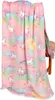 A folded blanket with a unicorn pattern draped over a chair. Anteprima dell’immagine prodotto