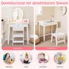 A collage showing a children's vanity table and desk, with smaller circular images illustrating children using the furniture for dressing up, reading, writing, and drawing. Náhled obrázku produktu