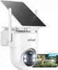 A white security camera with a solar panel attached, shown with a smartphone displaying a live feed. Produktbild-Vorschau