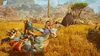Two people riding on large, bird-like creatures through a dry, grassy landscape with mountains in the background. Náhled obrázku produktu