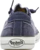 The back view of a blue denim sneaker with white stitching and a white sole. Voir les images du produit